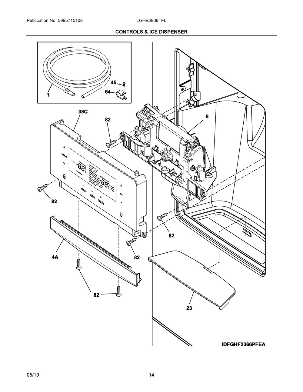 Controls & Ice Dispenser Diagram and Parts List for LGHB2869TF6  Frigidaire Refrigerator