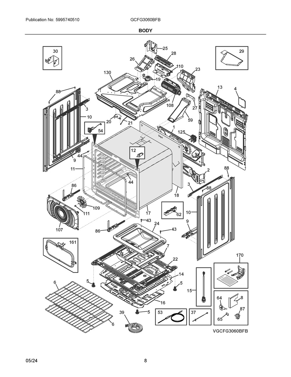 Body Diagram and Parts List for GCFG3060BFB  Frigidaire Range
