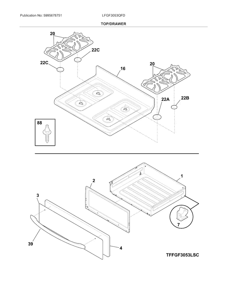 Top/drawer Diagram and Parts List for LFGF3053QFD  Frigidaire Range