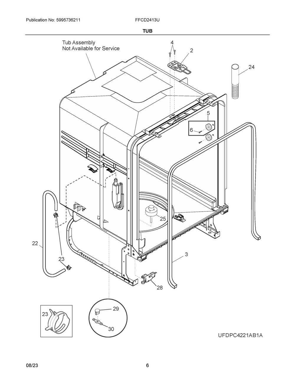 Tub Diagram and Parts List for FFCD2413UB5A  Frigidaire Dishwasher