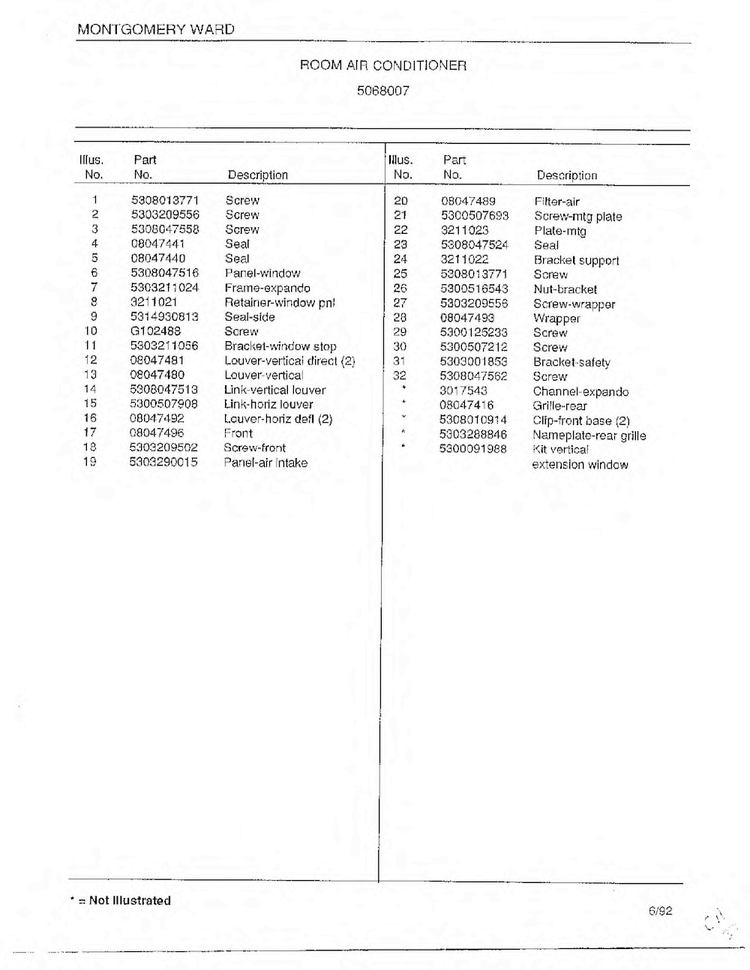 Room Air Conditioner Page 2 Diagram and Parts List for 5068007  Frigidaire Air Conditioner