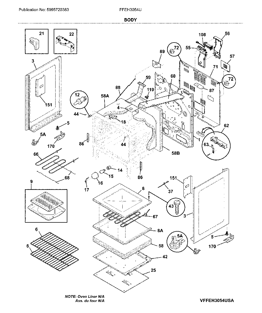 Body Diagram and Parts List for FFEH3054UBB  Frigidaire Range