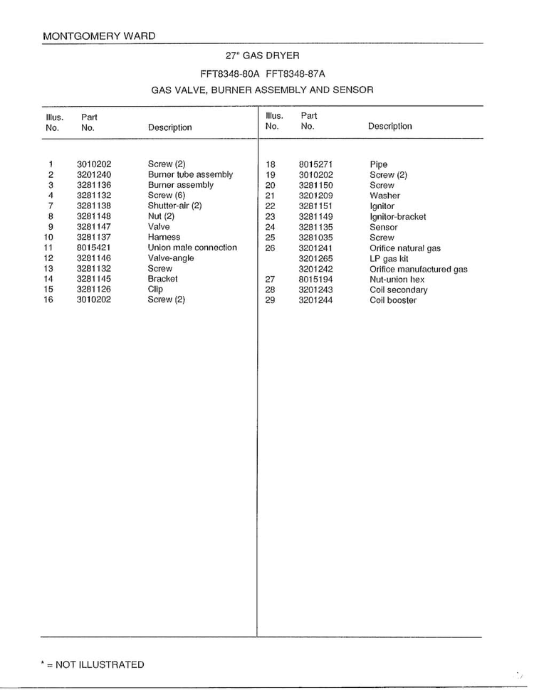 Gas Valve/burner Assembly And Sensor Page 2 Diagram and Parts List for 8348A  Frigidaire Dryer