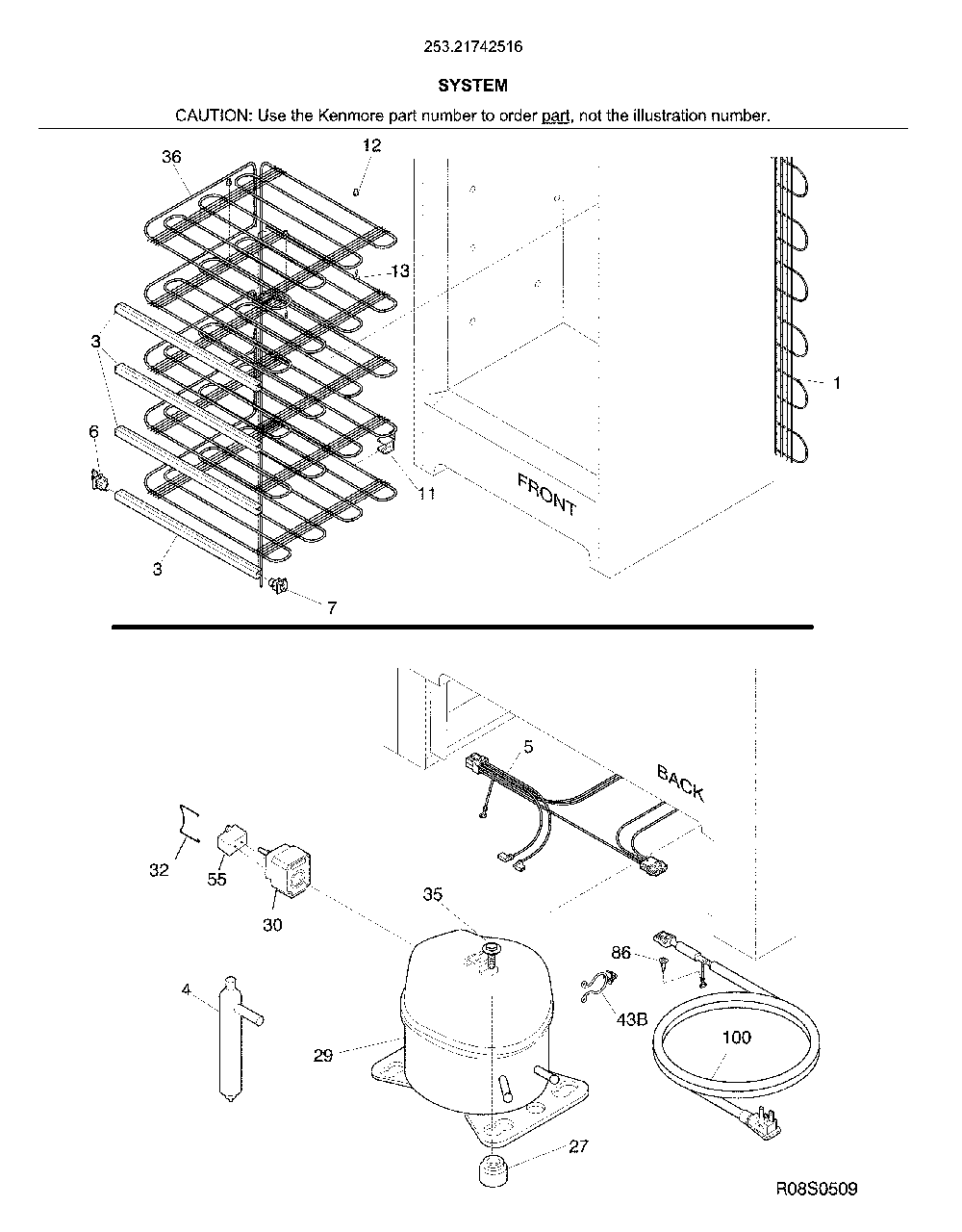 System Diagram and Parts List for 25321742516  Kenmore Freezer