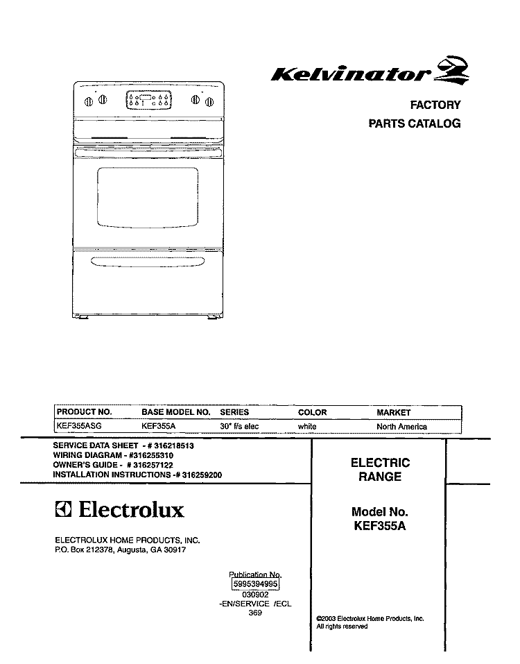 COVER Diagram and Parts List for KEF355ASG  Kelvinator Range
