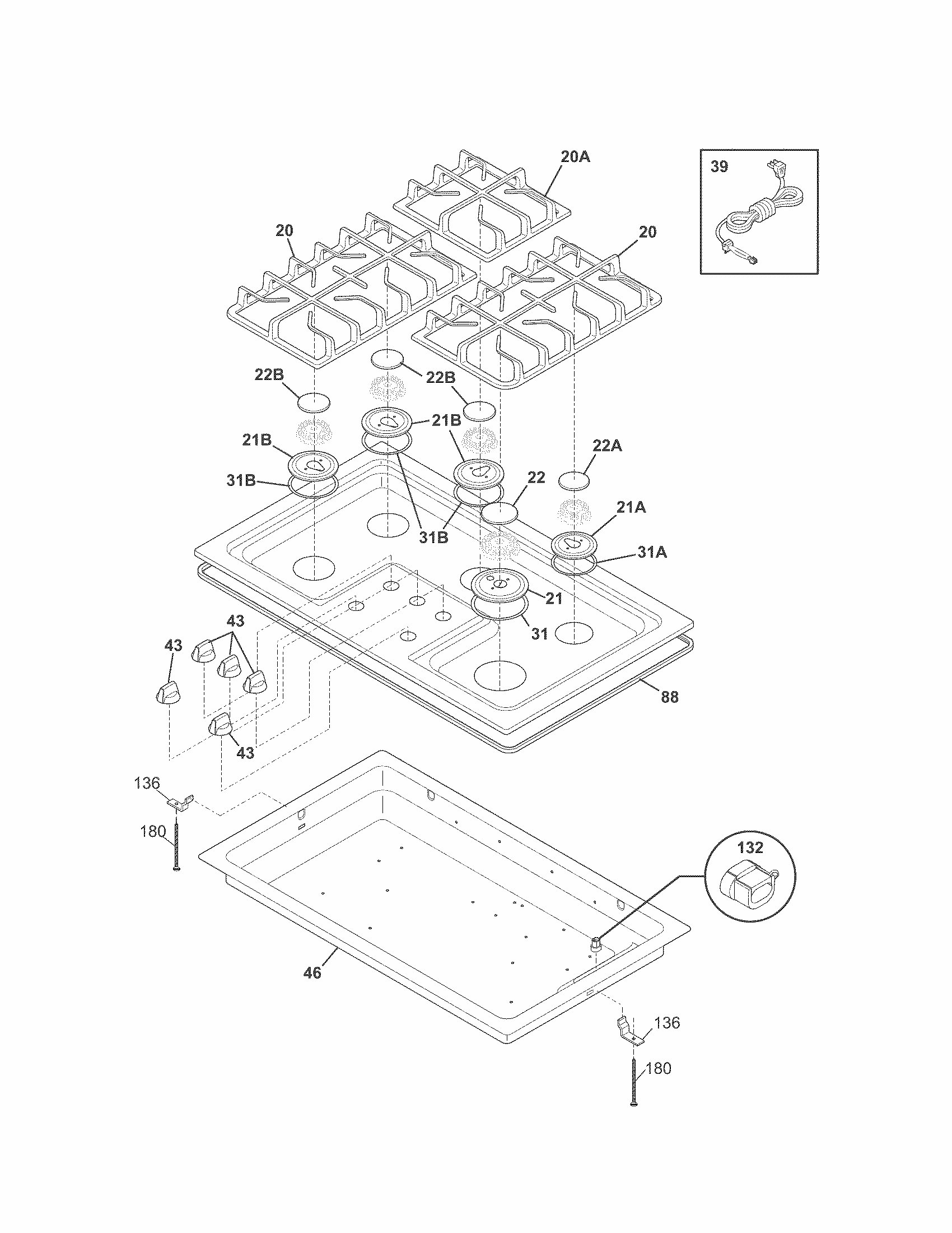 Main Top Diagram and Parts List for 79032433901  Kenmore Cooktop