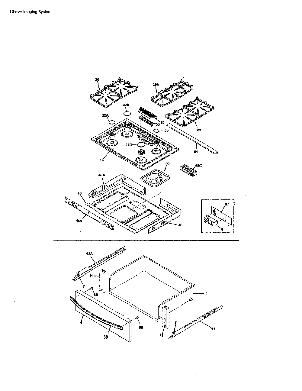 Top/drawer Diagram and Parts List for 79032603311  Kenmore Range