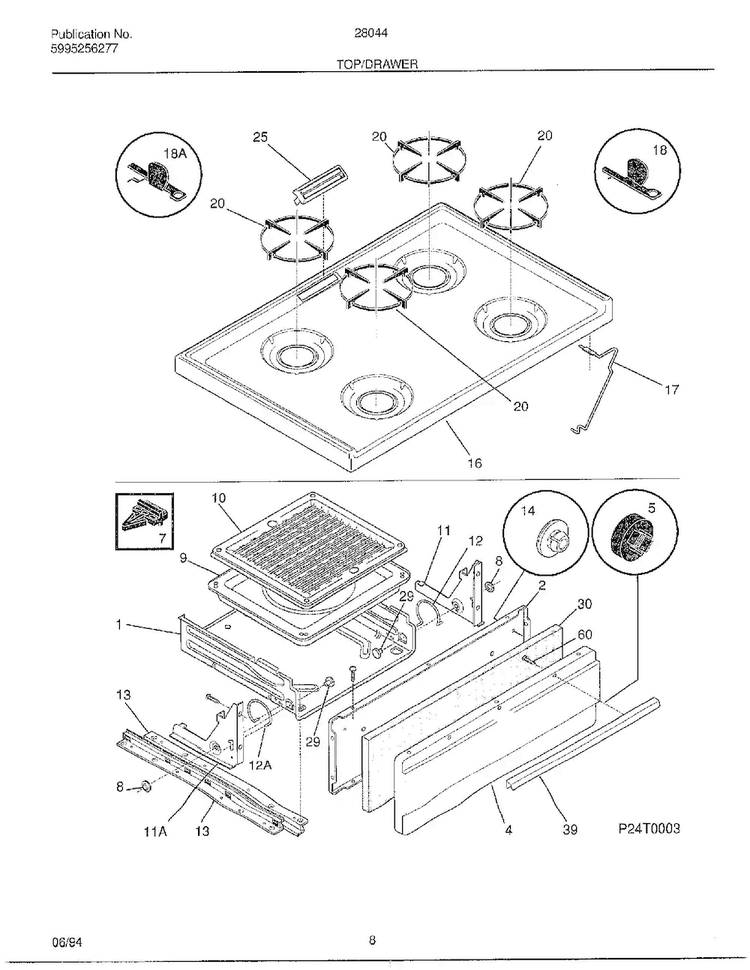 Top/drawer Diagram and Parts List for 28044  Frigidaire Range