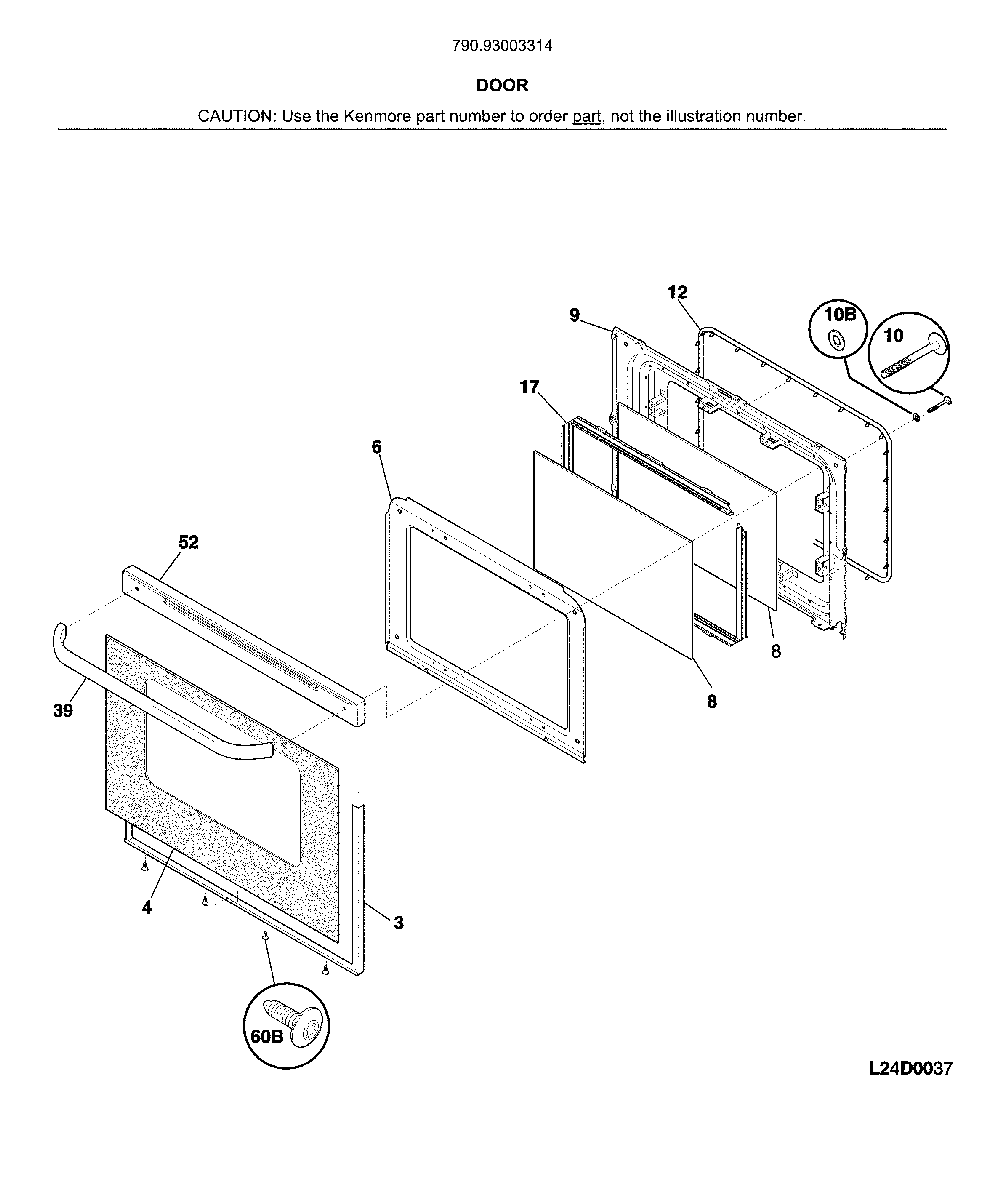 Door Diagram and Parts List for 79093003314  Kenmore Range