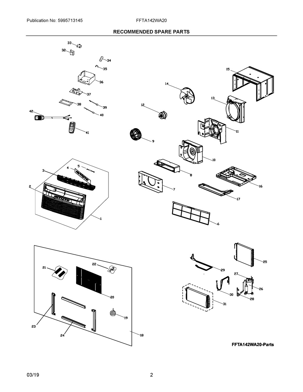 Recommended Spare Parts Diagram and Parts List for FFTA142WA20  Frigidaire Air Conditioner