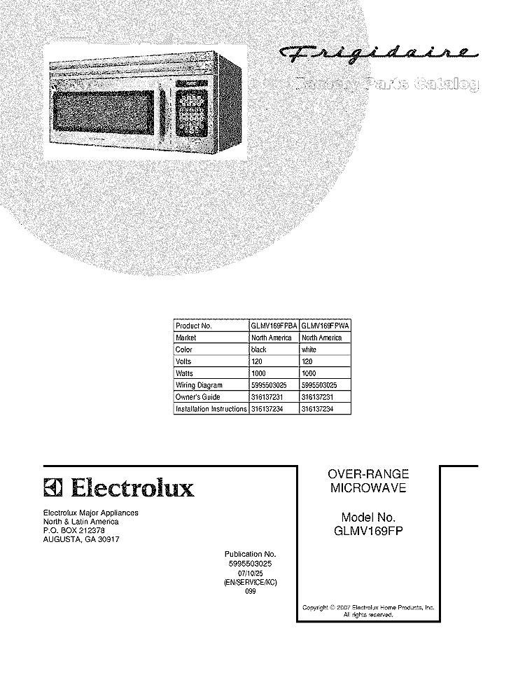 COVER Diagram and Parts List for GLMV169FPBA  Frigidaire Microwave