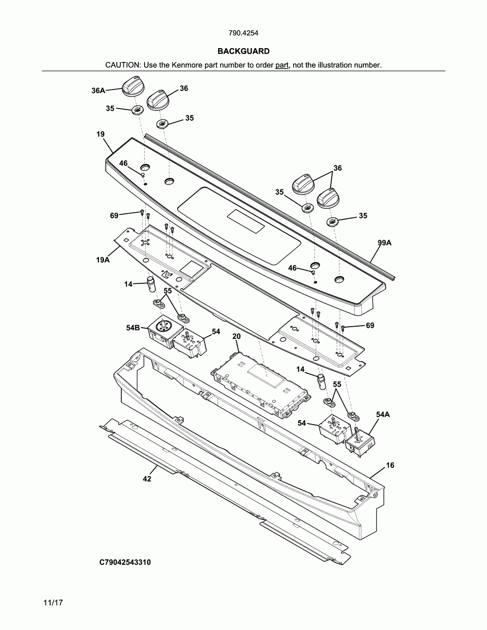 Backguard Diagram and Parts List for 79042543318  Kenmore Range