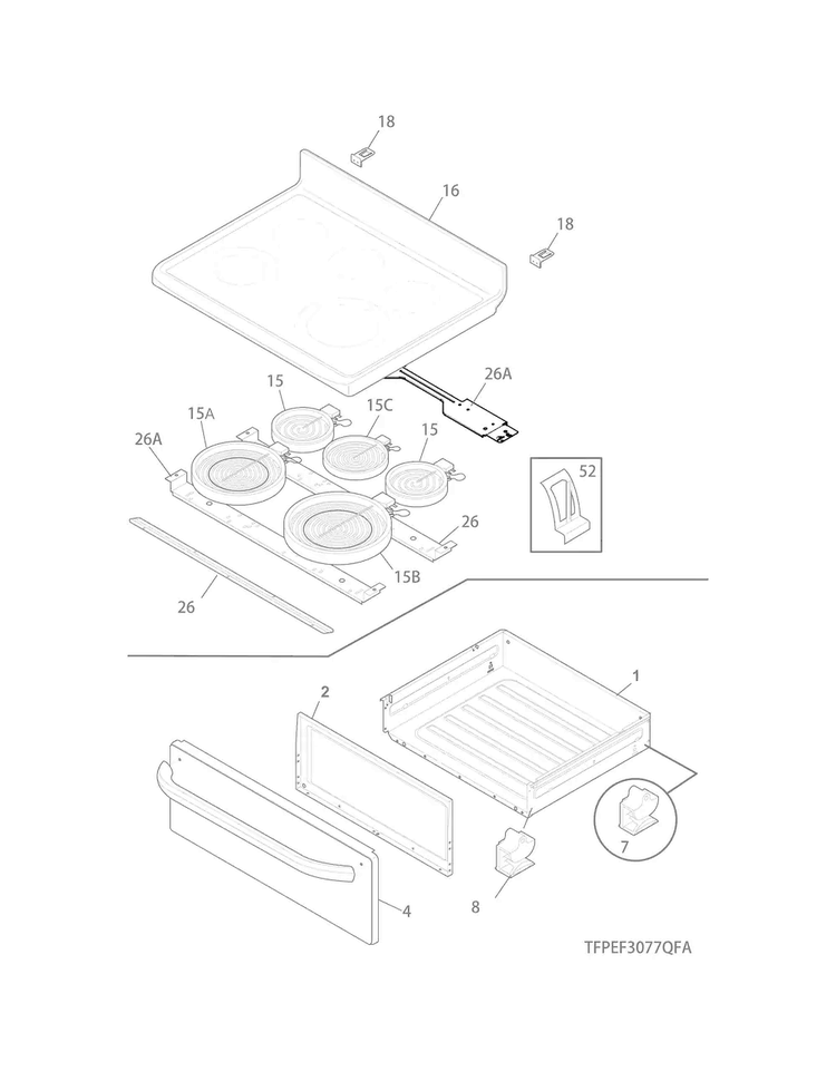 Top/drawer Diagram and Parts List for CGEF3039RFA  Frigidaire Range