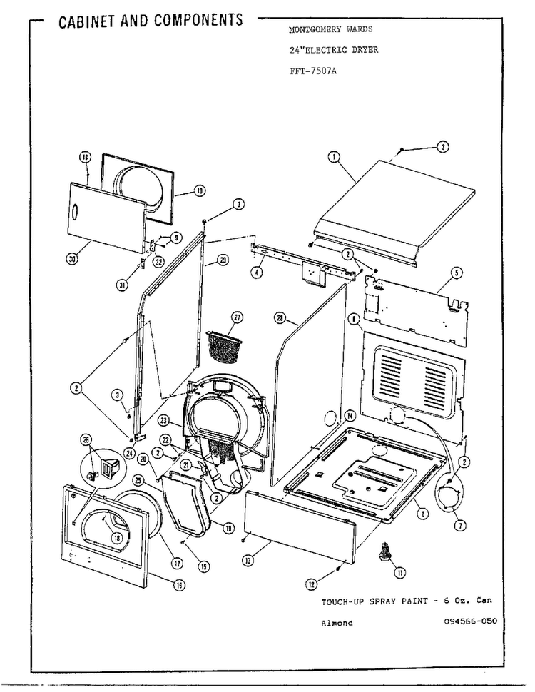 Cabinet And Components Diagram and Parts List for 7507A  Frigidaire Dryer