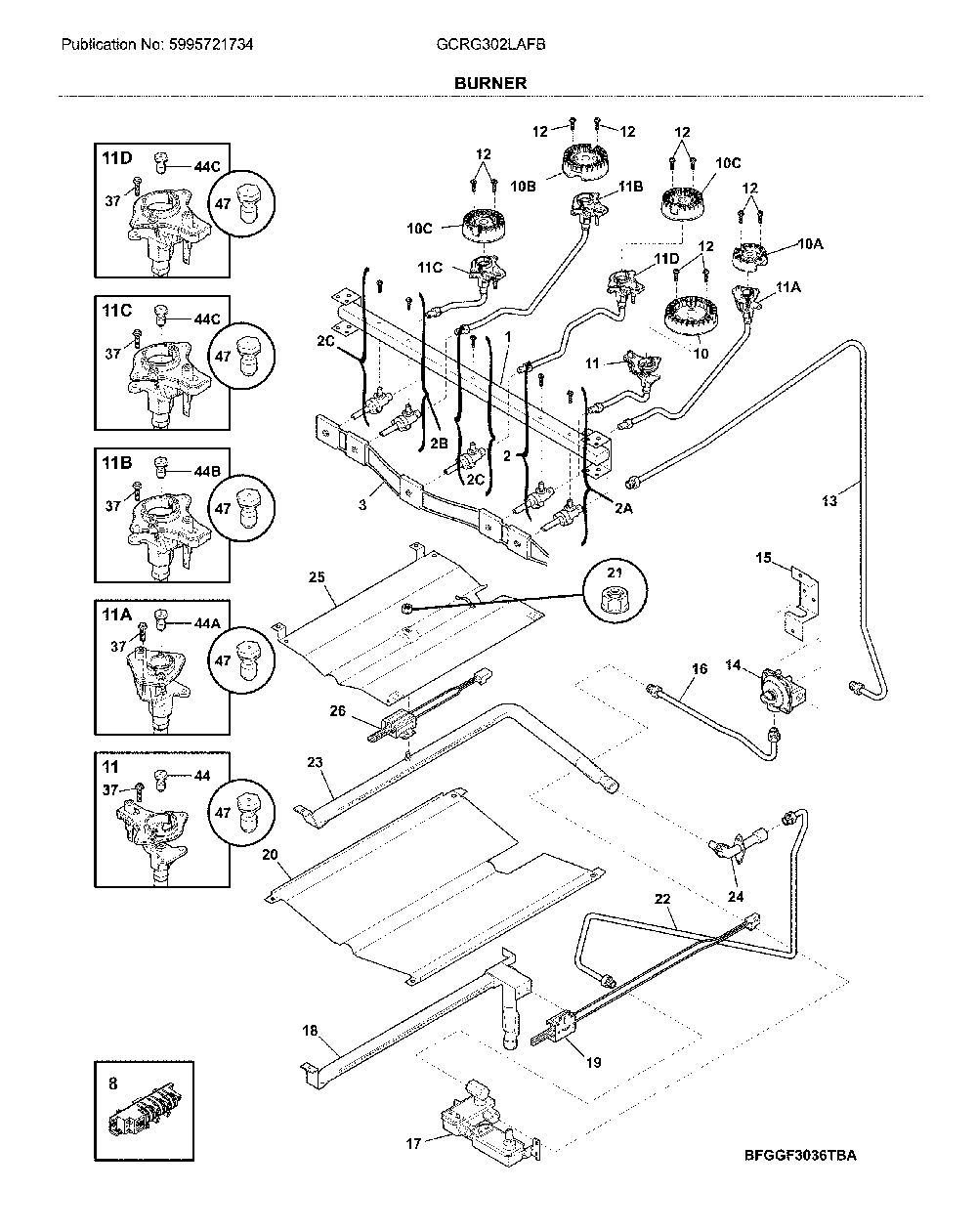 Burner Diagram and Parts List for GCRG302LAFB  Frigidaire Range
