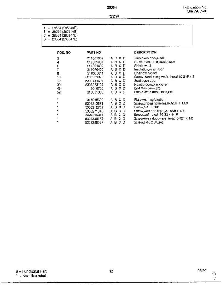 Door Page 2 Diagram and Parts List for 285647D  Frigidaire Range