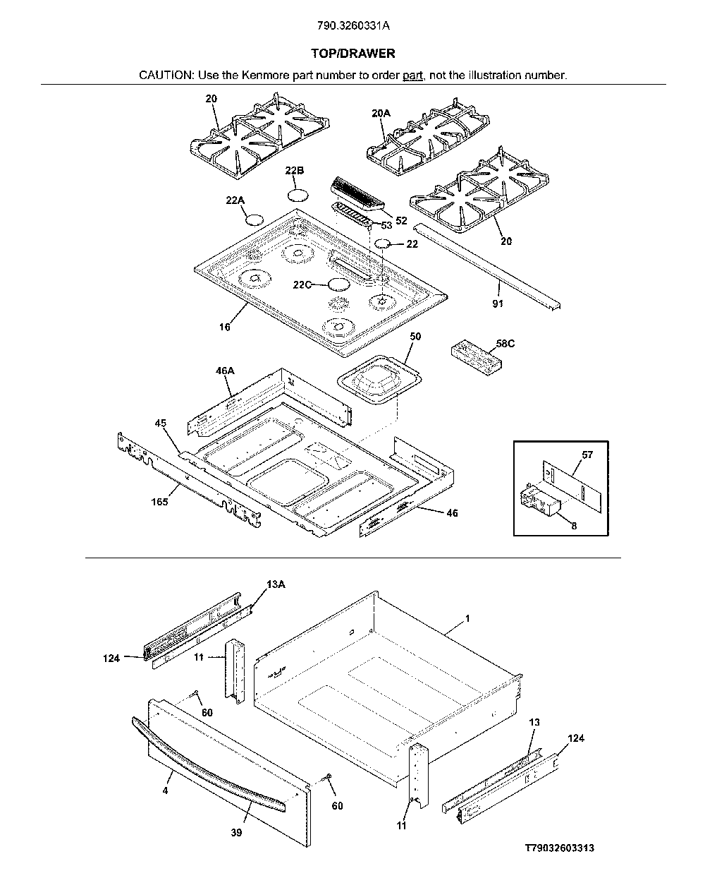 Top/drawer Diagram and Parts List for 7903260331A  Kenmore Range