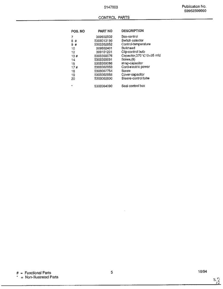 Control Parts Page 2 Diagram and Parts List for 5147003  Frigidaire Air Conditioner