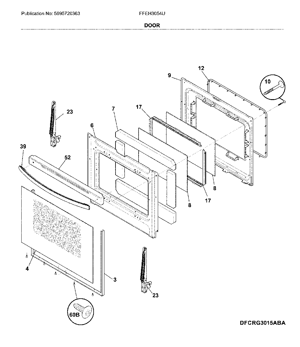 Door Diagram and Parts List for FFEH3054UBB  Frigidaire Range
