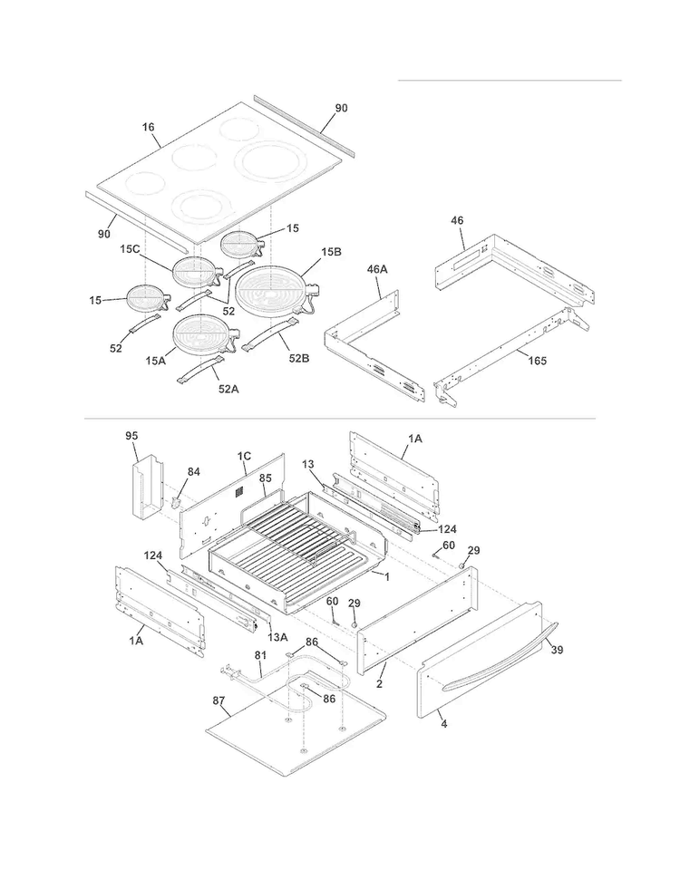 Top/drawer Diagram and Parts List for FGES3065KBF  Frigidaire Range