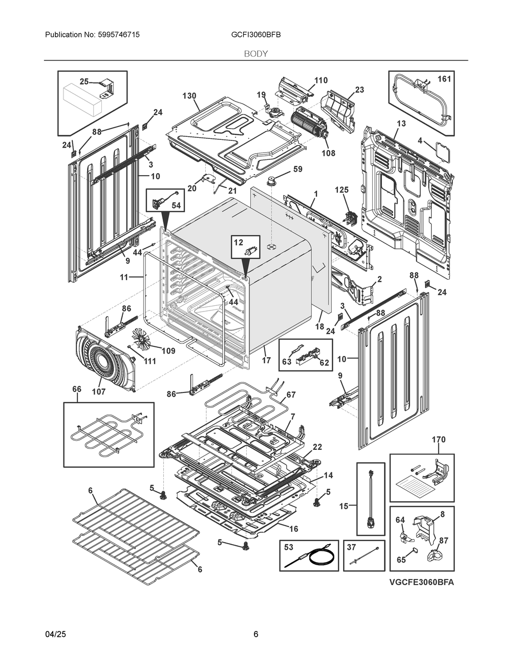 Body 1 Diagram and Parts List for GCFI3060BFB  Frigidaire Range