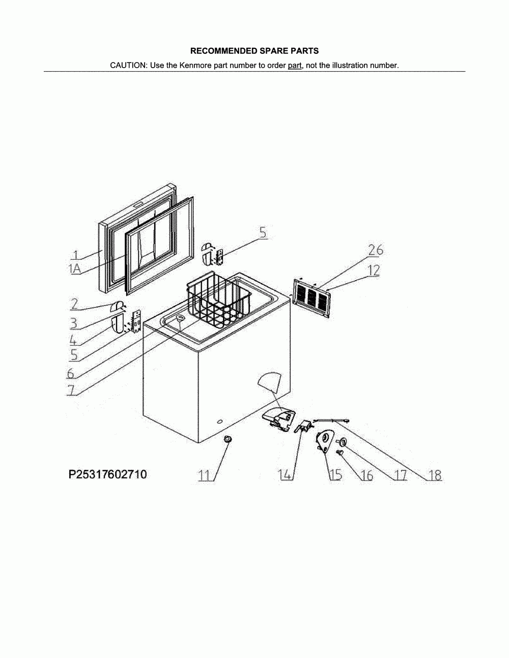 Recommended spare parts Diagram and Parts List for 25317602710  Kenmore Freezer