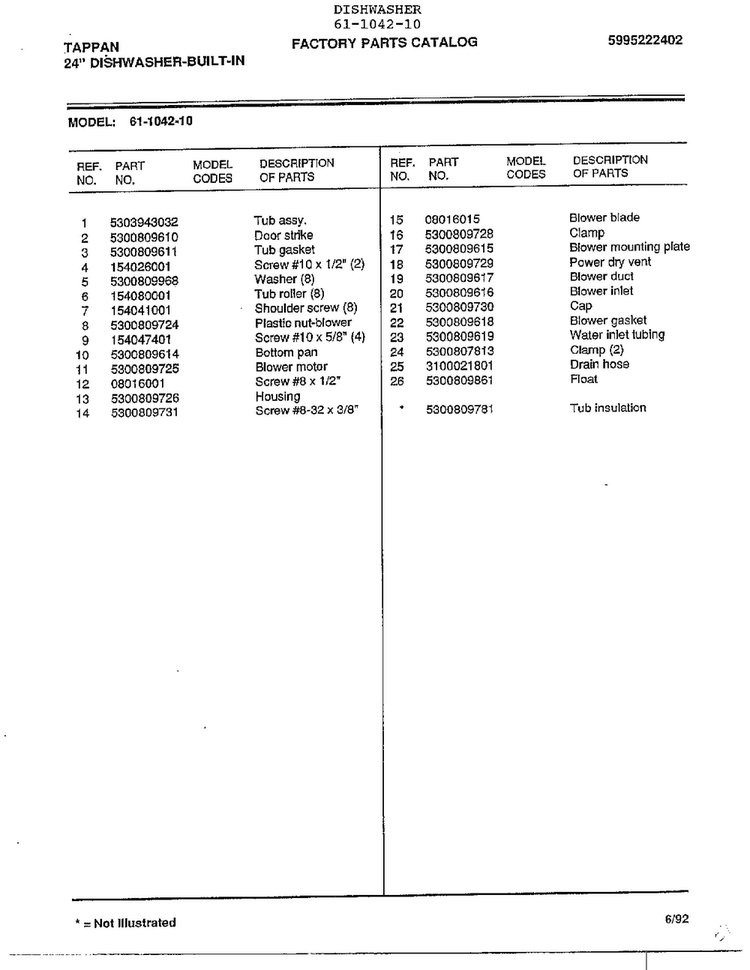 24" Built-in Dishwasher Page 6 Diagram and Parts List for 61-1042-10  Tappan Dishwasher