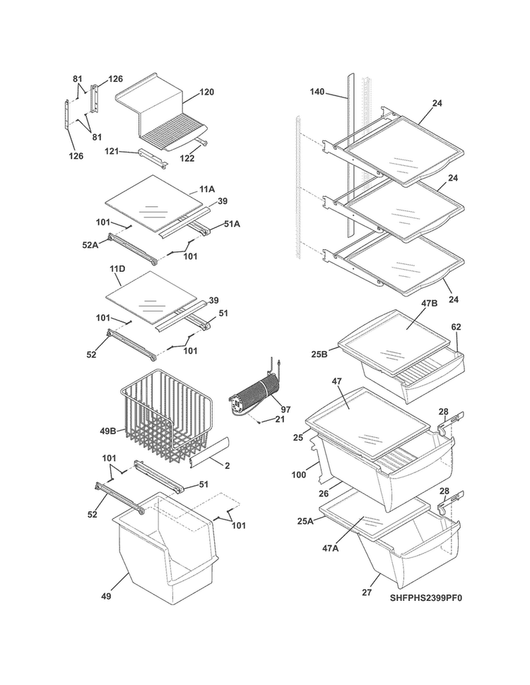 Shelves Diagram and Parts List for FPHS2399PF3  Frigidaire Refrigerator