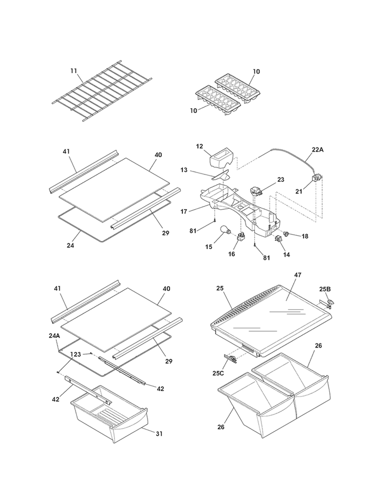 Shelves Diagram and Parts List for 25363212016  Kenmore Refrigerator