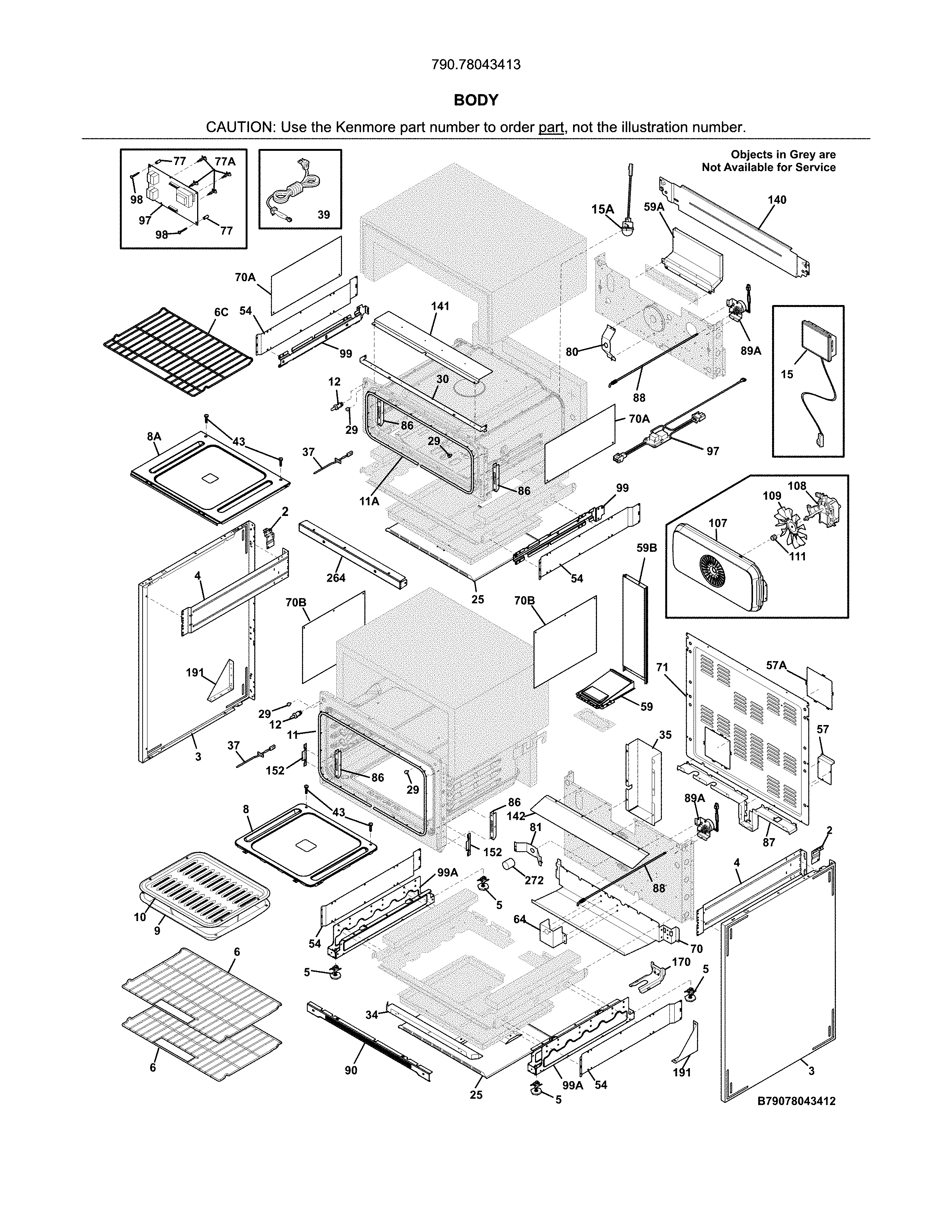 Body Diagram and Parts List for 79078043413  Kenmore Range