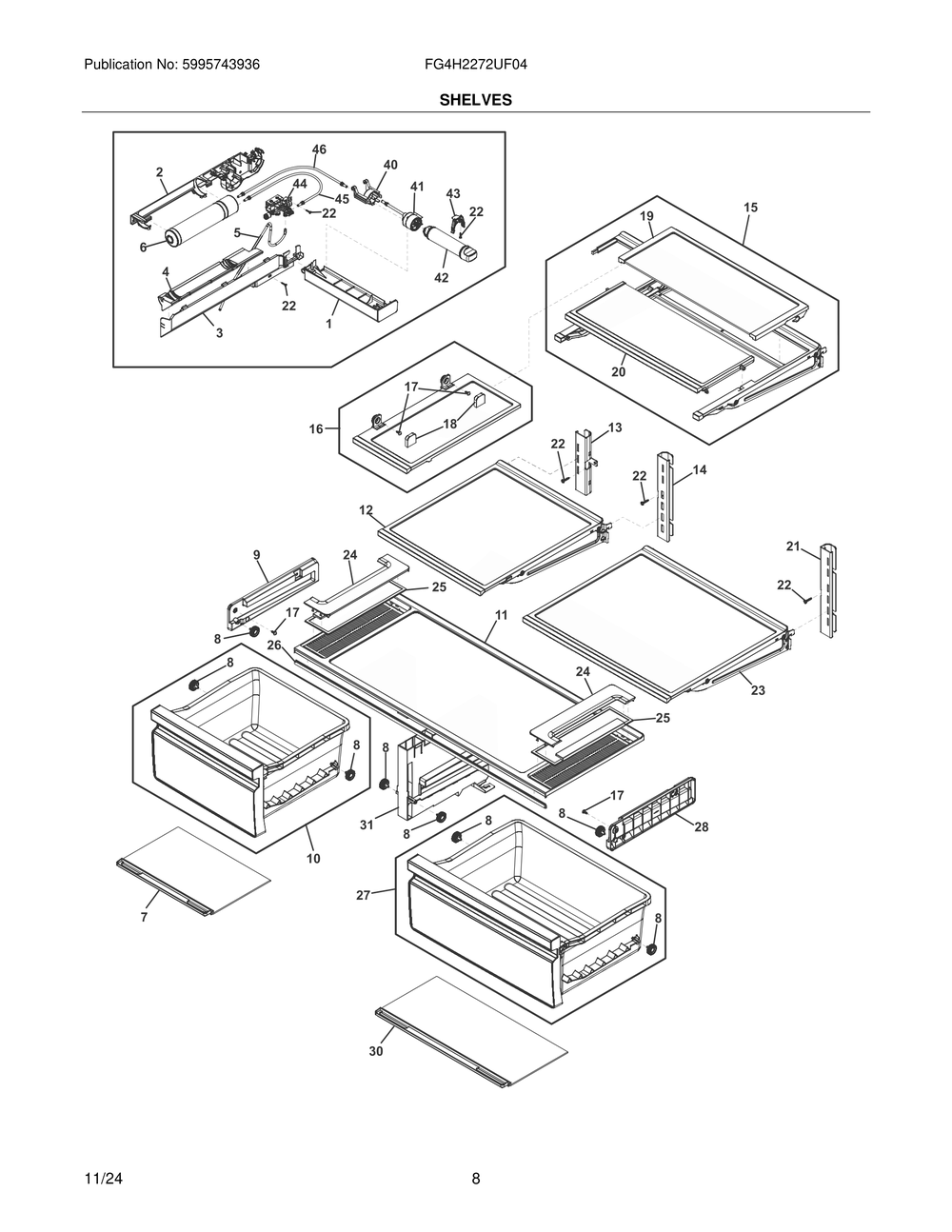 Shelves Diagram and Parts List for FG4H2272UF04  Frigidaire Freezer