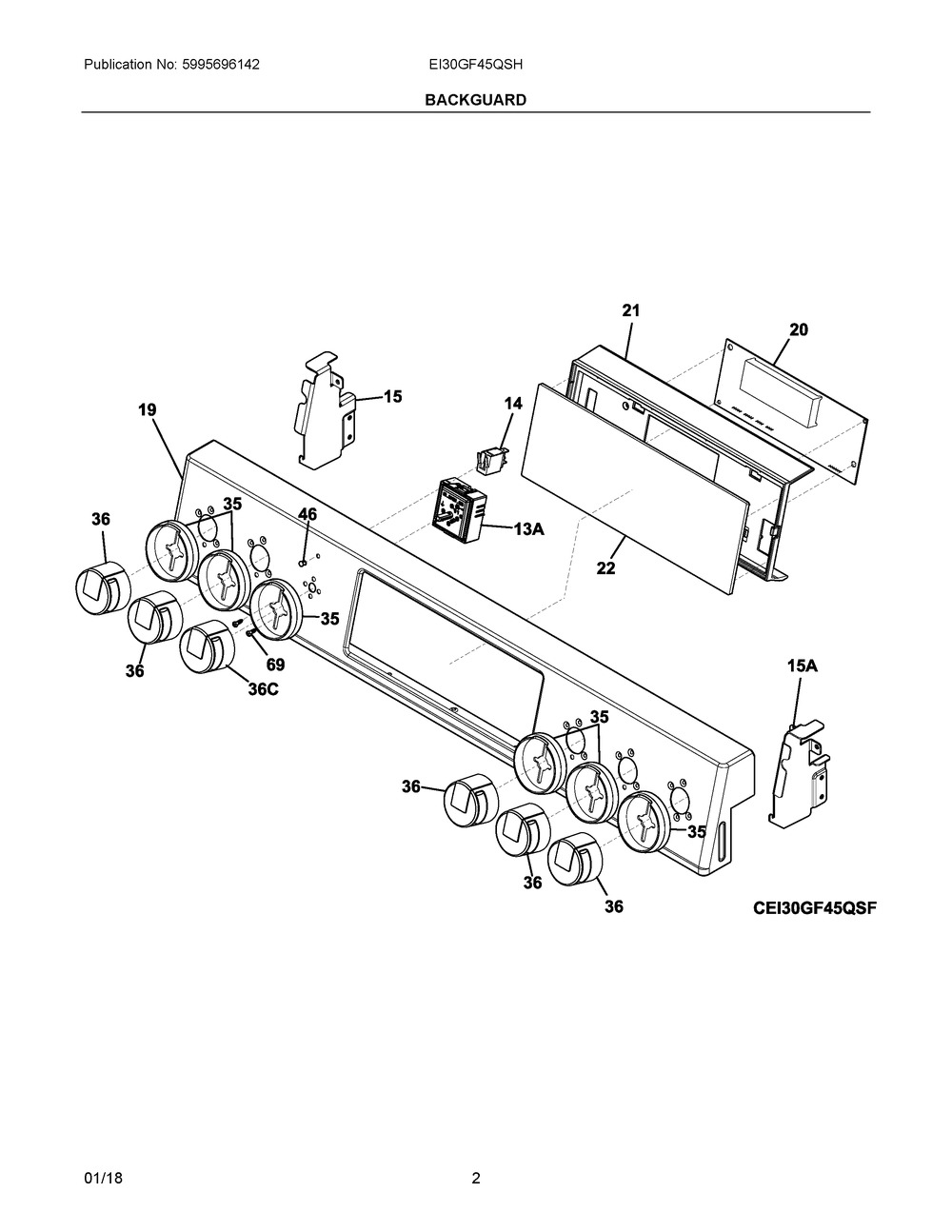 Backguard Diagram and Parts List for EI30GF45QSH  Frigidaire Range