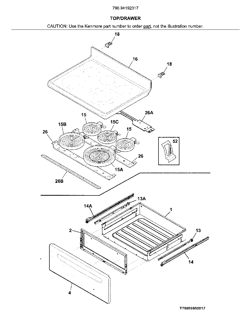 Top/drawer Diagram and Parts List for 79094192317  Kenmore Range