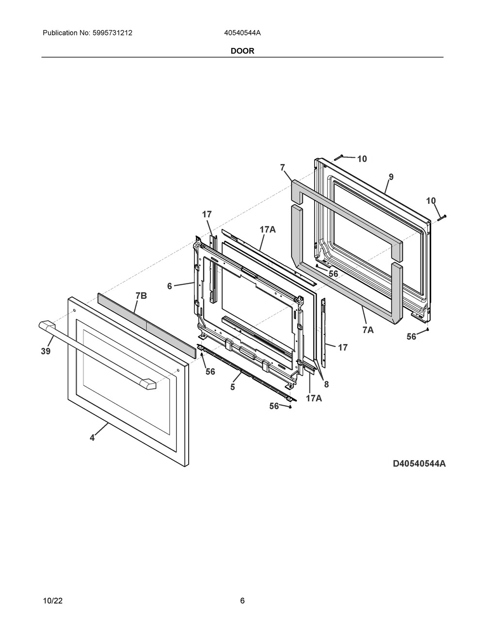 Door Diagram and Parts List for 40540544A  Frigidaire Wall Oven