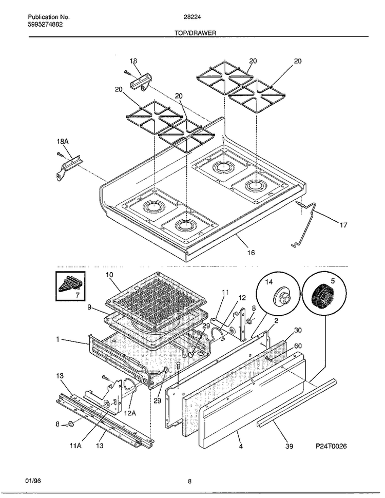 Top/drawer Diagram and Parts List for 282247B  Frigidaire Range