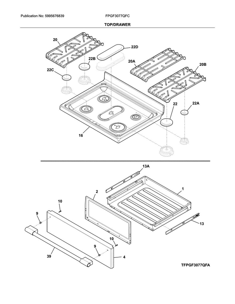 Top/drawer Diagram and Parts List for FPGF3077QFC  Frigidaire Range
