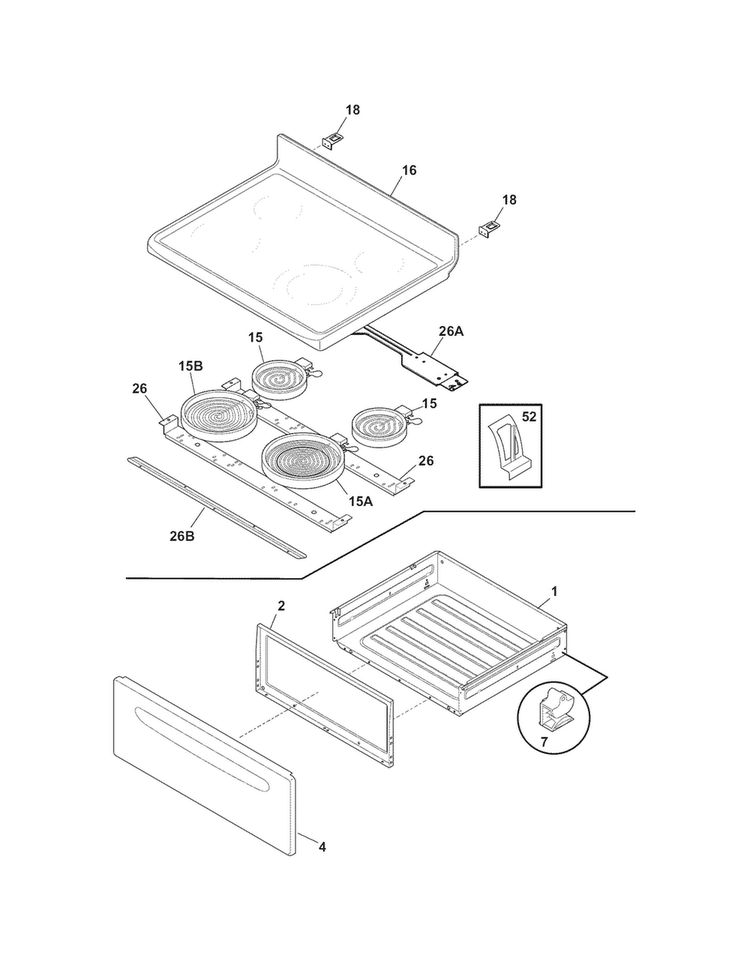Top/drawer Diagram and Parts List for KAEF3016MWE  Kelvinator Range