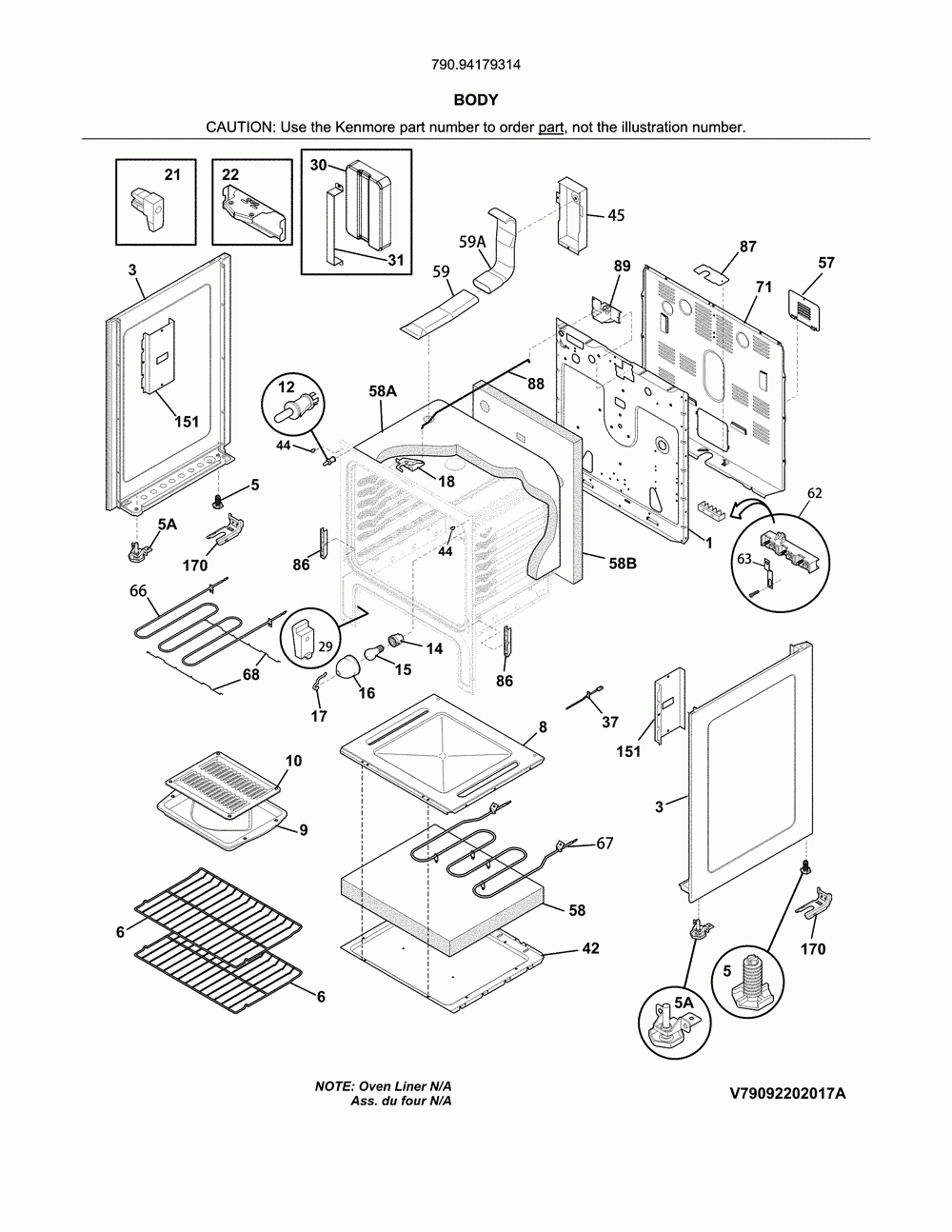 Body Diagram and Parts List for 79094179314  Kenmore Range