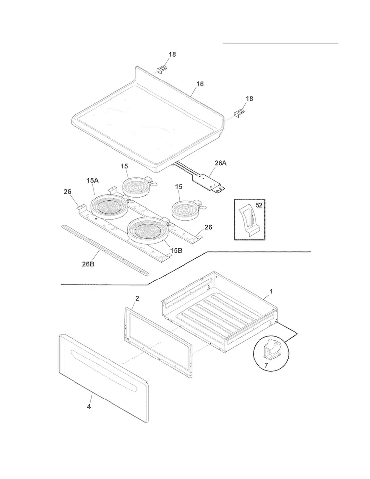 Top/drawer Diagram and Parts List for FFEF3018LBF  Frigidaire Range