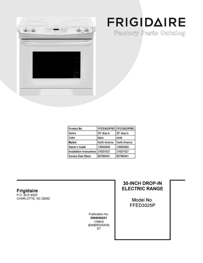 01 - Cover Sheet Diagram and Parts List for FFED3025PBG  Frigidaire Range