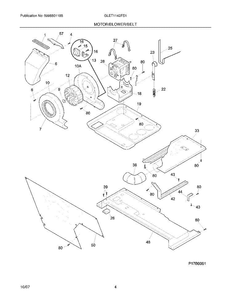 MOTOR / BLOWER / BELT Diagram and Parts List for GLET1142FS1  Frigidaire Washer Dryer Combo