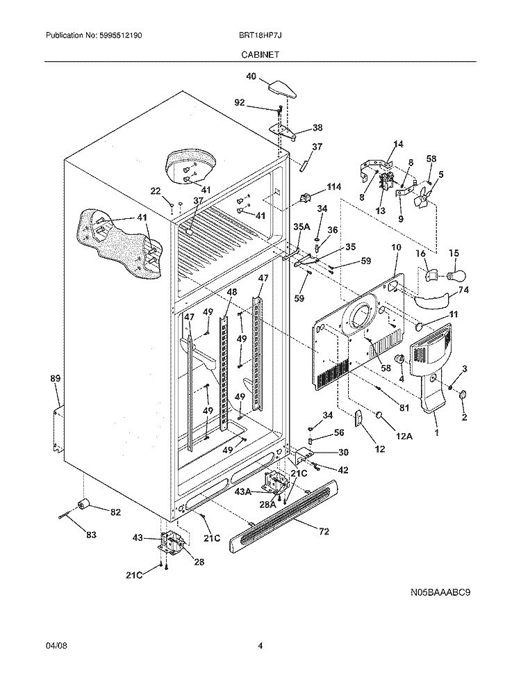 CABINET Diagram and Parts List for BRT18HP7JW0  Electrolux Refrigerator