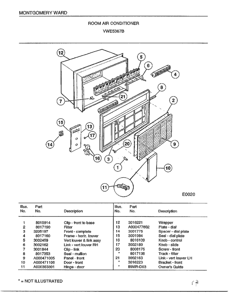 Room Air Conditioner Diagram and Parts List for 5367B  Frigidaire Air Conditioner