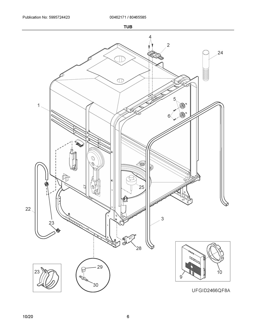 Tub Diagram and Parts List for 804655851A  Frigidaire Dishwasher