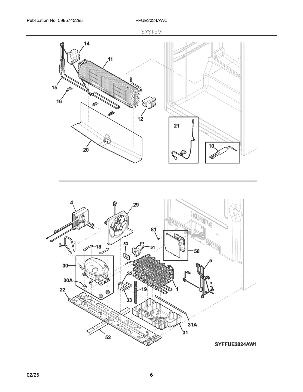 System Diagram and Parts List for FFUE2024AWC  Frigidaire Freezer