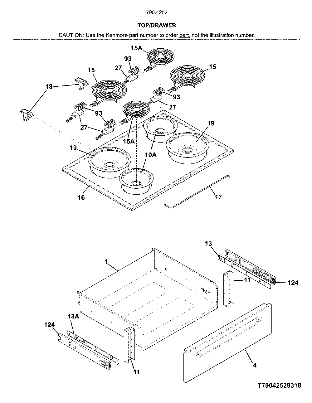 Top/drawer Diagram and Parts List for 7904252931A  Kenmore Range