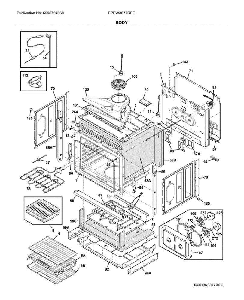 Body Diagram and Parts List for FPEW3077RFE  Frigidaire Wall Oven