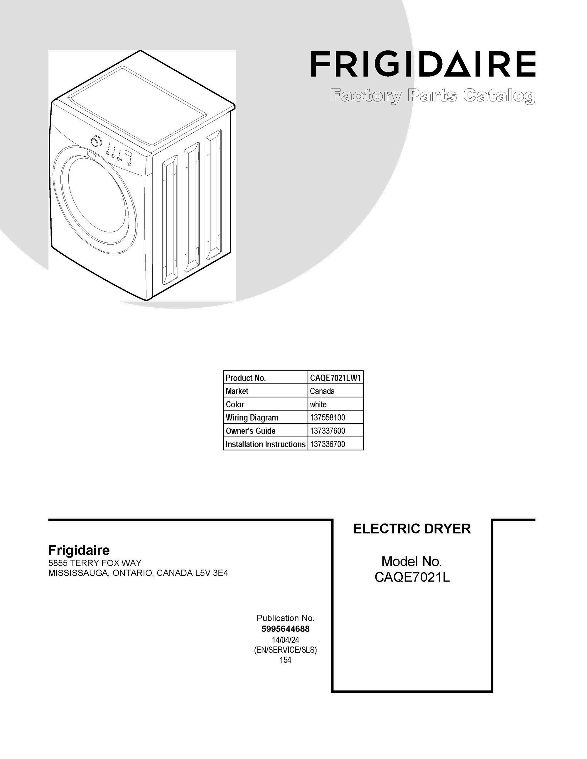 01 - COVER SHEET Diagram and Parts List for CAQE7021LW1  Frigidaire Dryer