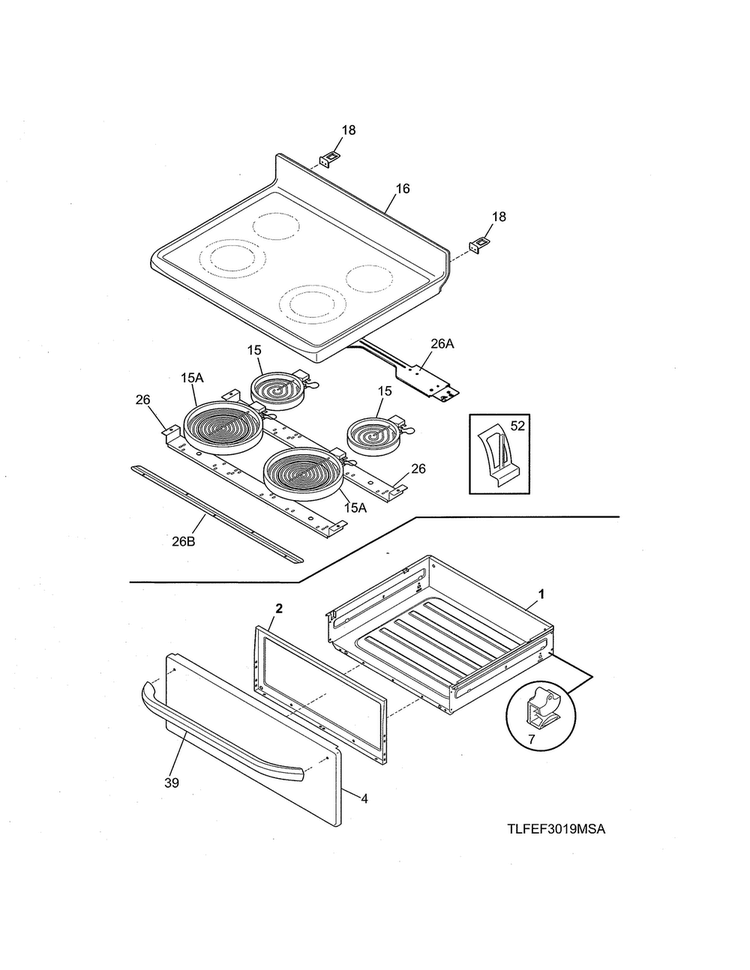 Top/drawer Diagram and Parts List for LFEF3019MSD  Frigidaire Range