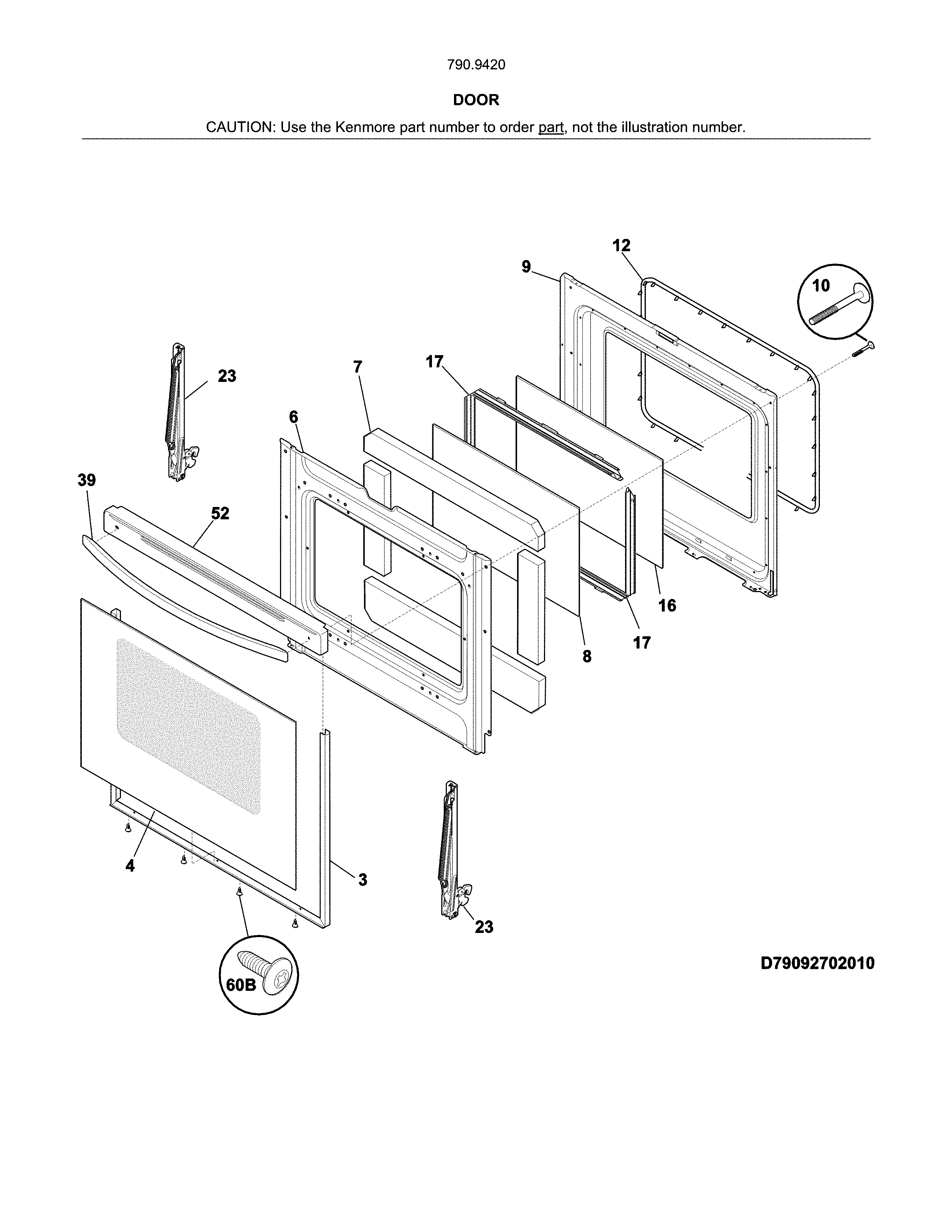 Door Diagram and Parts List for 79094202312  Kenmore Range